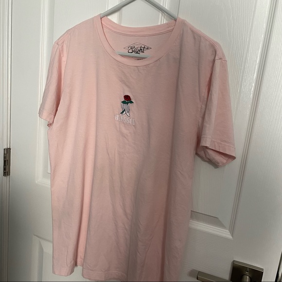 Pink Tee Shirt Embroidered Blessed Skeleton Hand with Rose - Picture 2 of 6